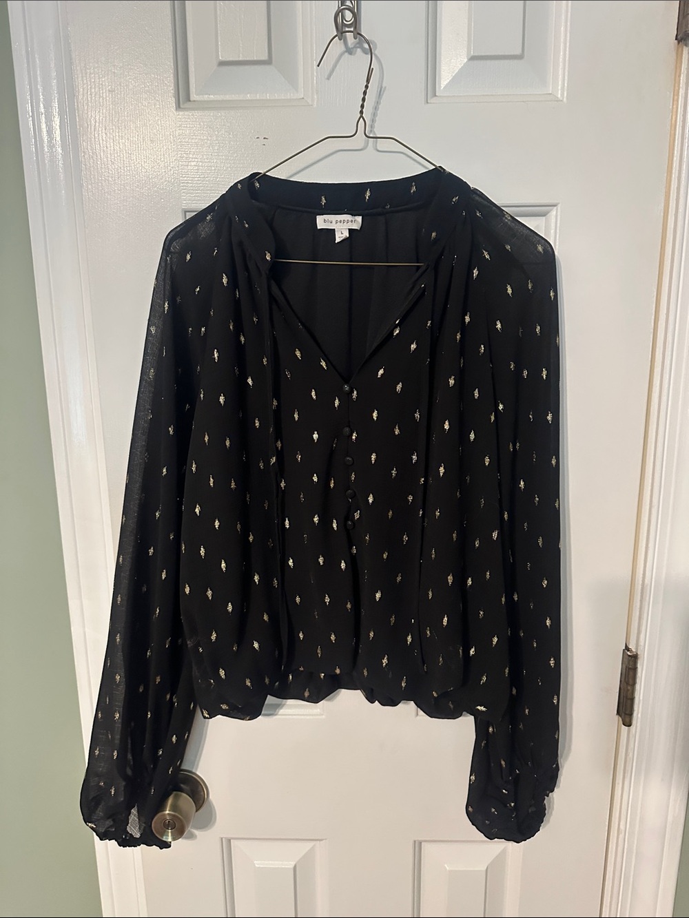 Blu Pepper Black Sheer Blouse with Gold Dot Print